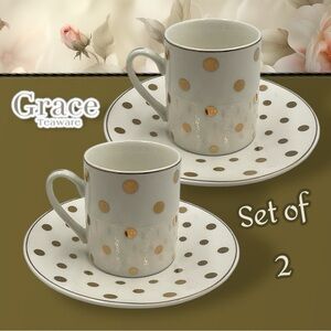 GRACE TEAWARE White Gold Polka Dots 4 Piece Tea DEMITASSE ESPRESSO Set